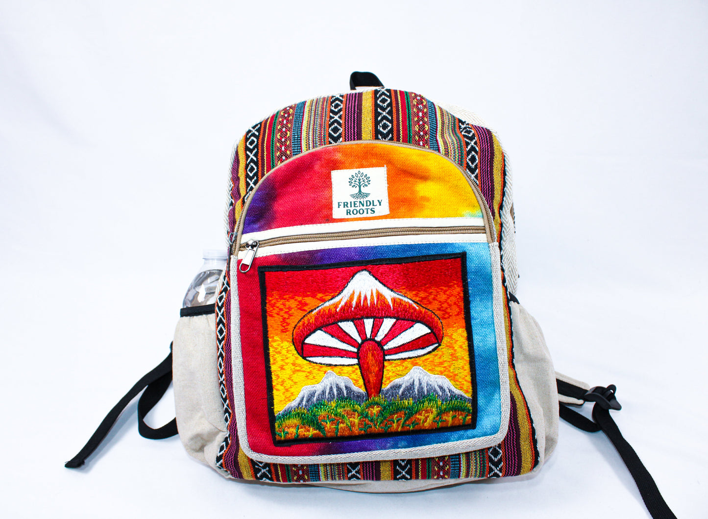 Full-size hemp backpack, beautifully embroidered with a serene mountain valley and whimsical mushroom
