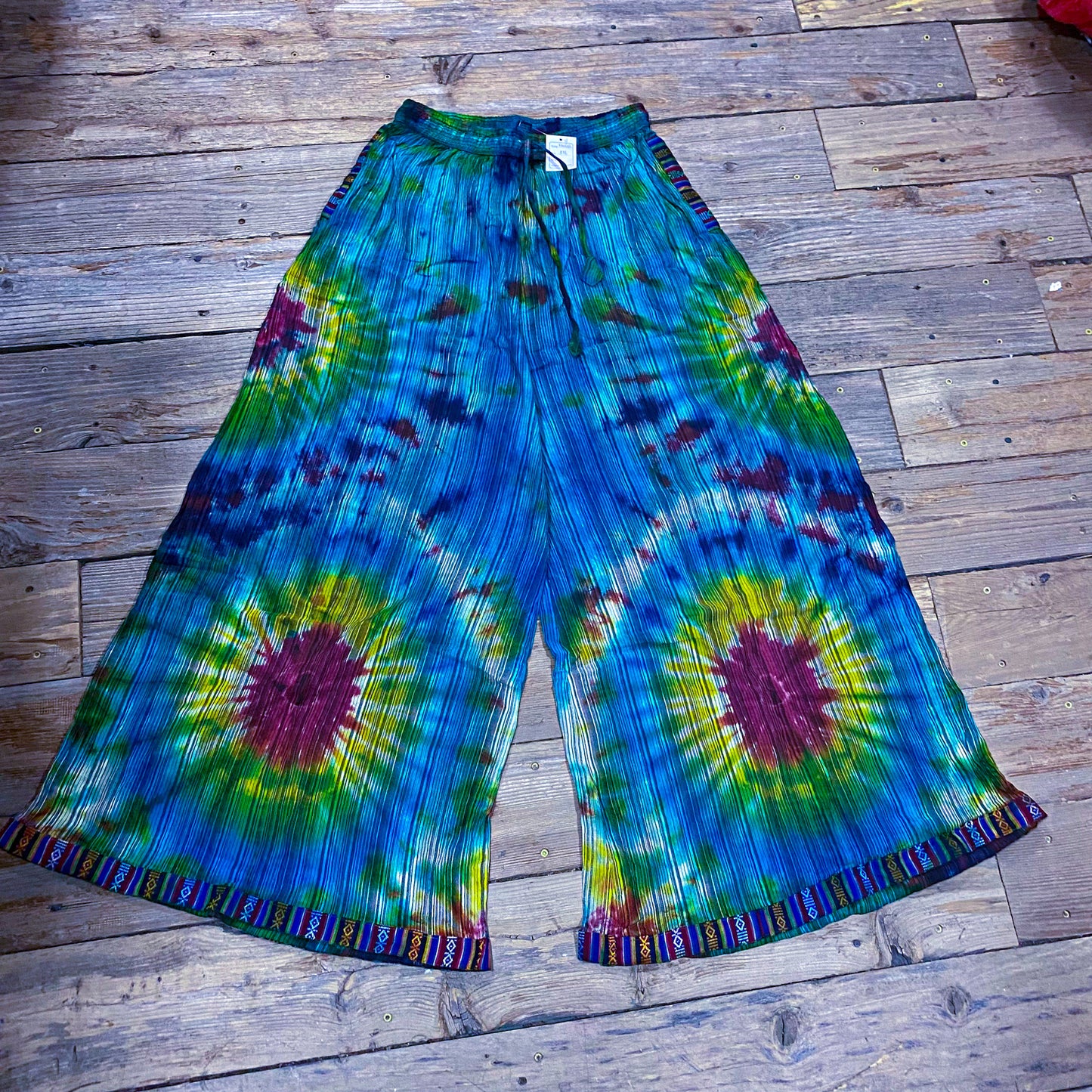 Bohemian Tie-Dye Palazzo Pants - Handmade Wide-Leg Trousers with Pockets,  Vibrant Festival Clothing,