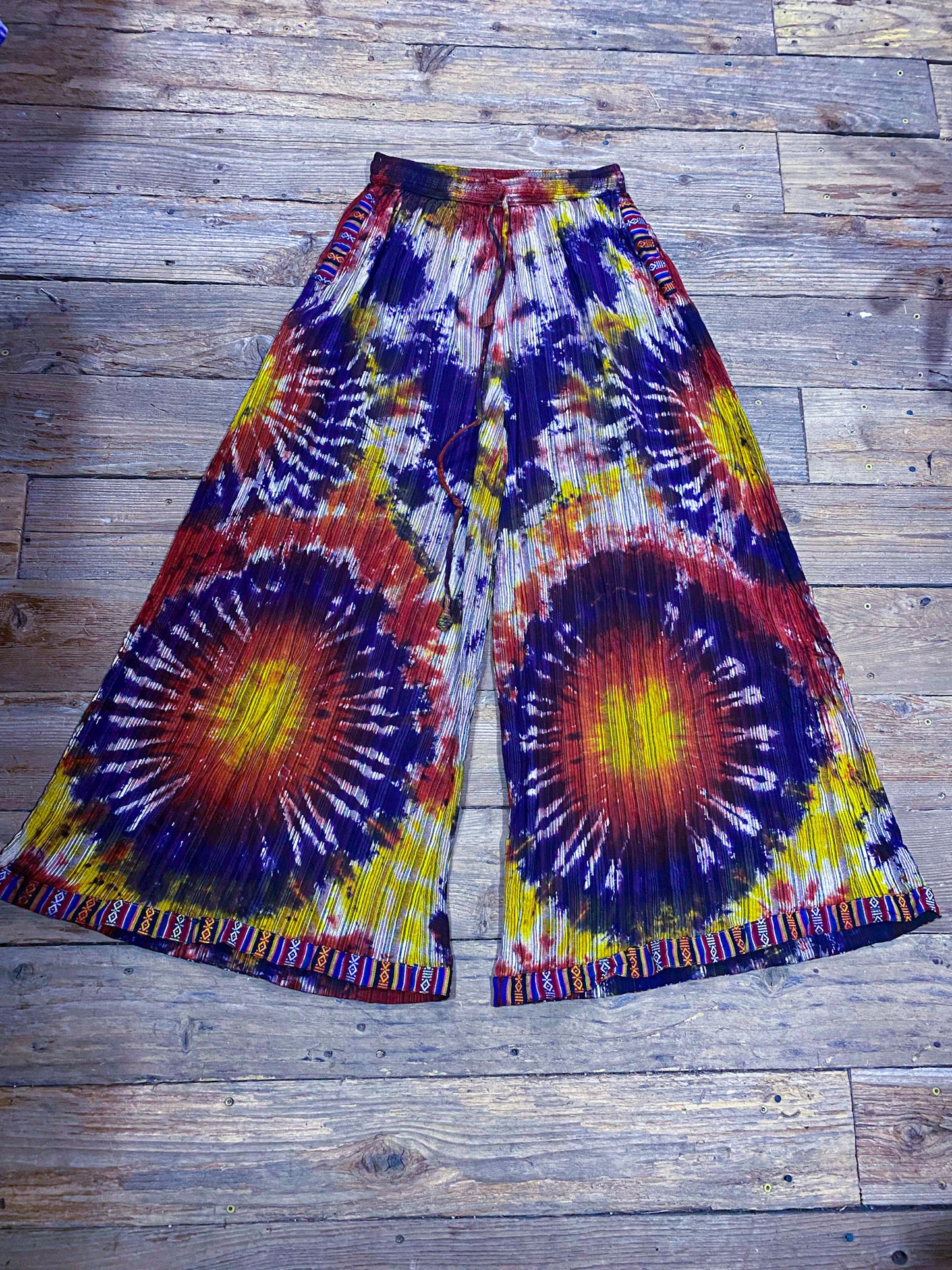 Bohemian Tie-Dye Palazzo Pants - Handmade Wide-Leg Trousers with Pockets,  Vibrant Festival Clothing,