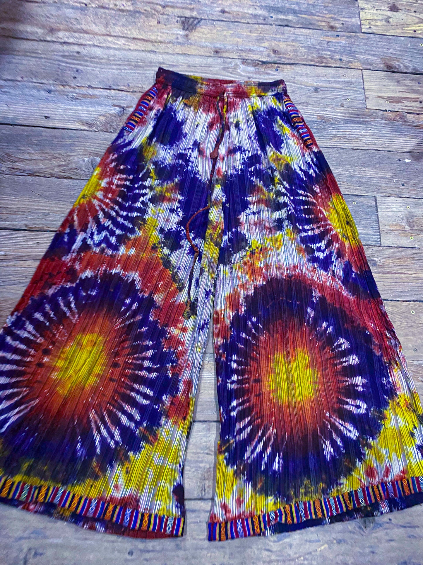Bohemian Tie-Dye Palazzo Pants - Handmade Wide-Leg Trousers with Pockets,  Vibrant Festival Clothing,