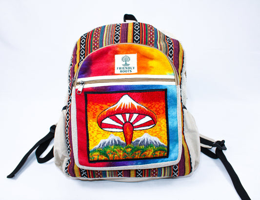 Full-size hemp backpack, beautifully embroidered with a serene mountain valley and whimsical mushroom