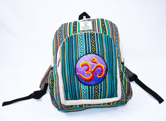OM Embroidery Hemp backpack handmade blue