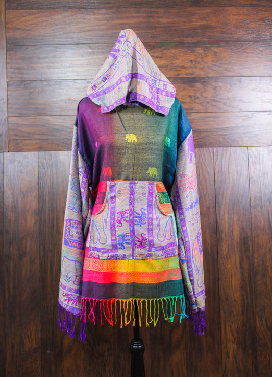 Handmade Himalayan pashmina hoodie, flowy full length patchwork sleeve, pockets, hooded top