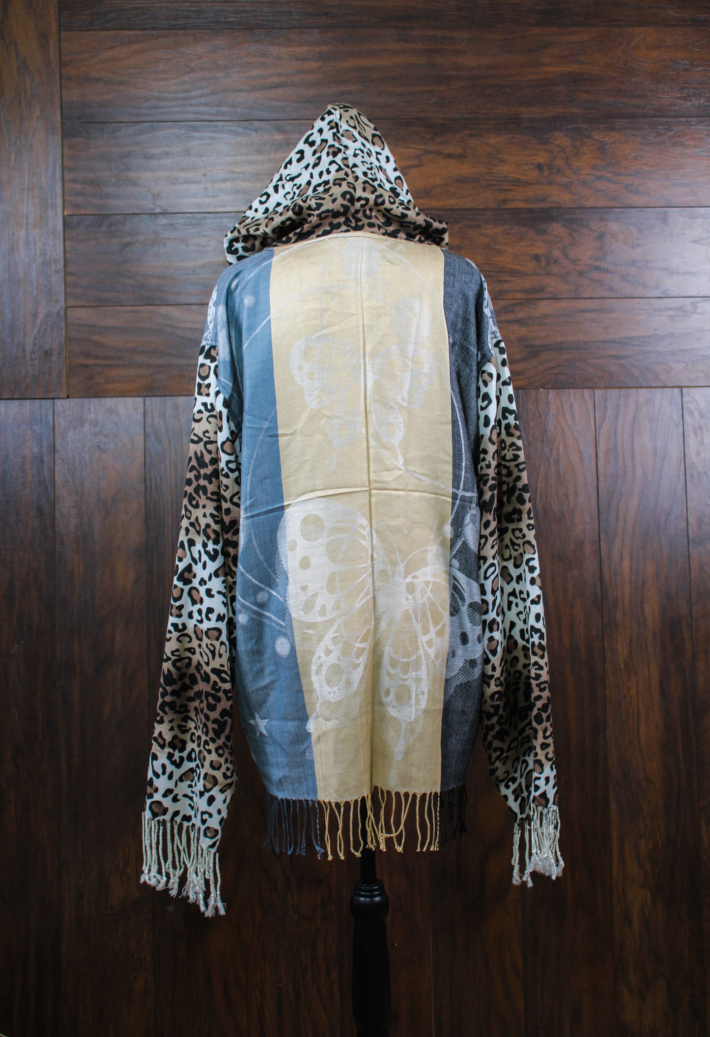 Handmade Himalayan pashmina hoodie, flowy full length patchwork sleeve, pockets, hooded top