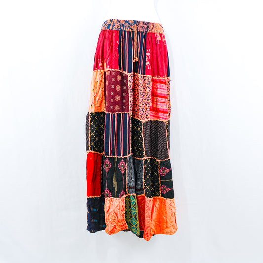 Eclectic Patchwork Maxi Skirt with Adjustable Drawstring