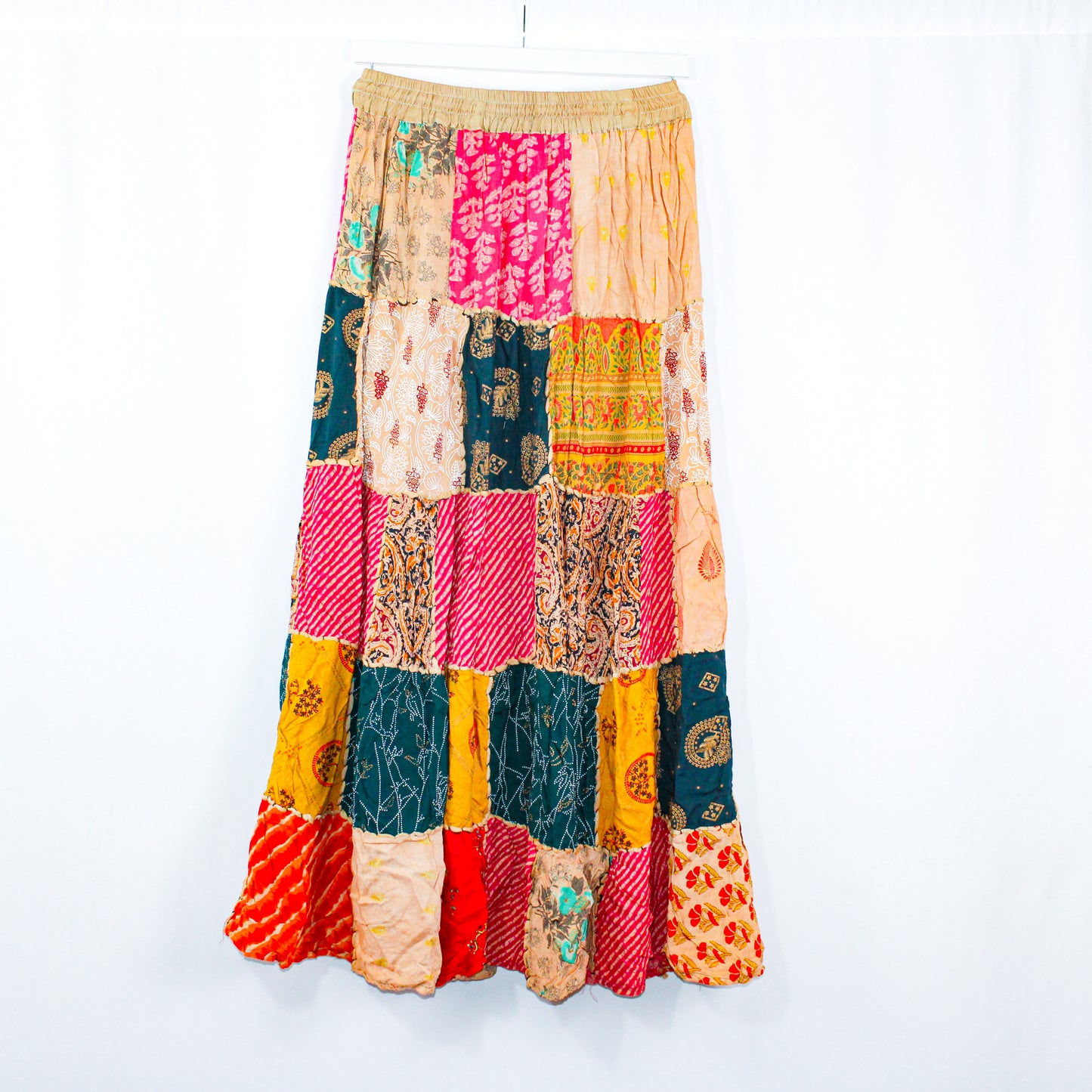 Spring Blossom Patchwork Maxi Skirt - Adjustable Waist, Handmade