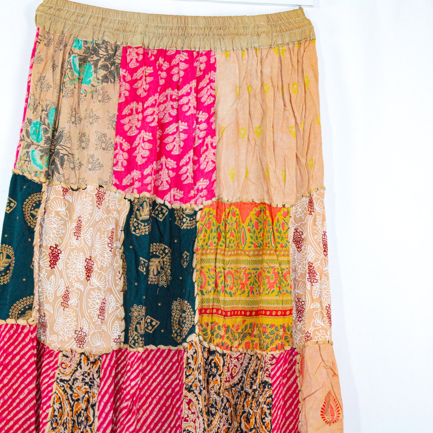 Spring Blossom Patchwork Maxi Skirt - Adjustable Waist, Handmade