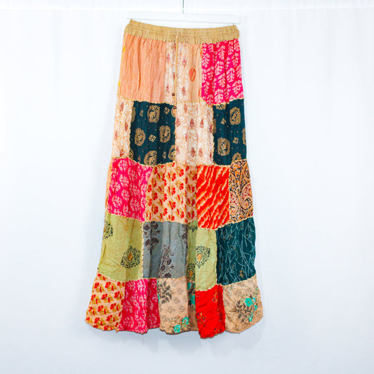 Spring Blossom Patchwork Maxi Skirt - Adjustable Waist, Handmade