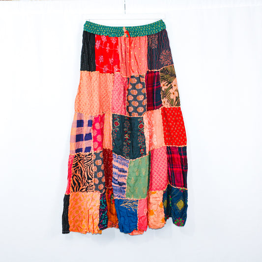 Global Tapestry Patchwork Maxi Skirt - Adjustable Waist, Handmade