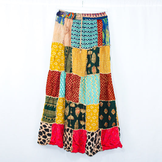 Safari Mosaic Patchwork Maxi Skirt - Adjustable Waist, Handmade