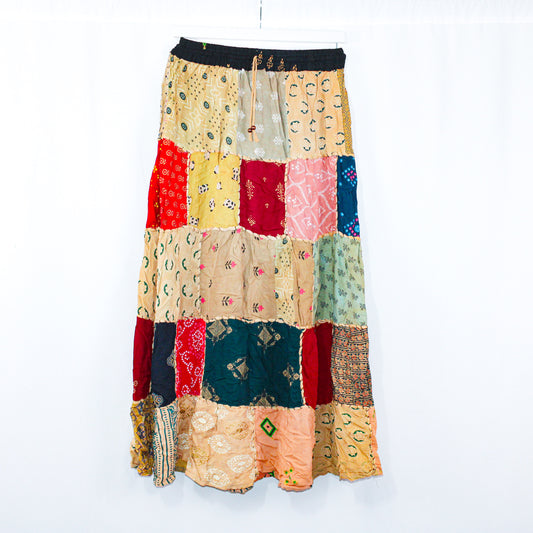 Cultural Collage Patchwork Maxi Skirt - Adjustable Waist, Handmade