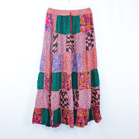 Modern Mosaic Patchwork Maxi Skirt - Adjustable Waist, Handmade