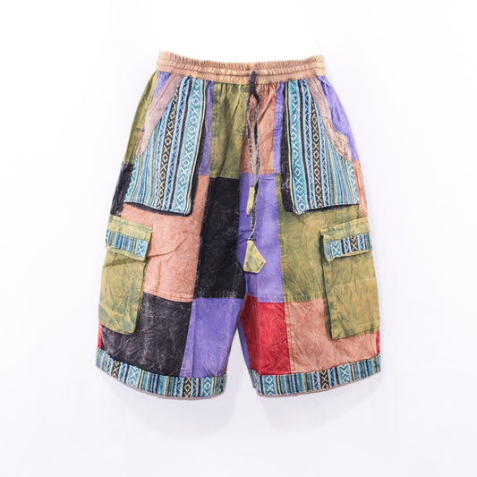 Unisex Boho Patchwork Cargo Shorts - Handmade Cotton Stonewash Shorts with Large Pockets, Colorful Bohemian Festival Wear, Hippie Summer Apparel
