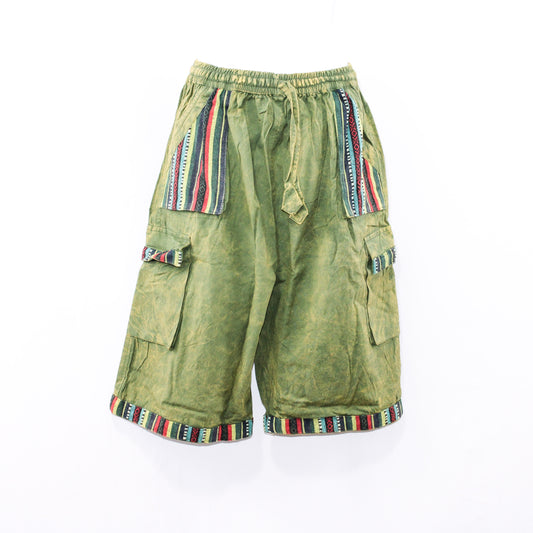 Green Woven Print Cargo Shorts with Multiple Pockets unisex