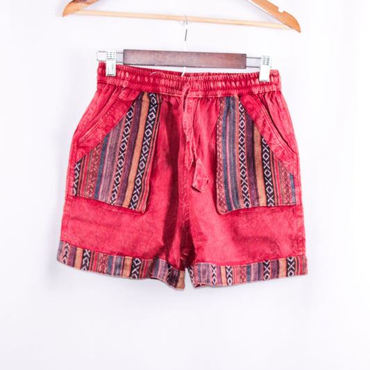 Handmade Red Cotton Shorts with Patterned Side Pockets