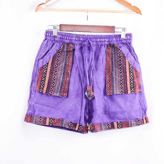 Handmade Purple Cotton Shorts with Patterned Side Pockets