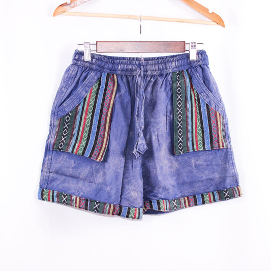 Handmade Blue Cotton Shorts with Patterned Side Pockets