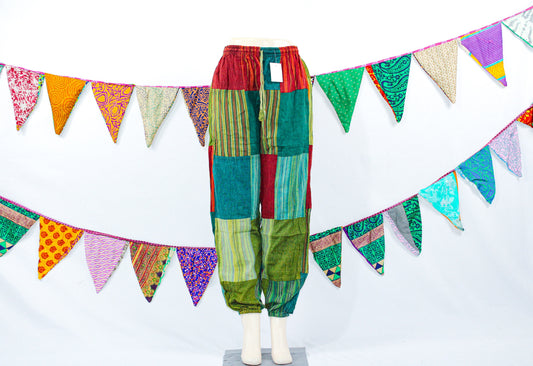 Bohemian Green Patchwork Harem Pants - Unisex Cotton Hippie Trousers, Eco-Friendly Elastic Waist Boho Pants