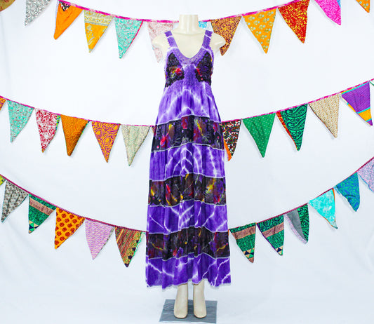 Boho Embroidered and Tie-Dye Long Dress - Cotton Patchwork layer maxi dress