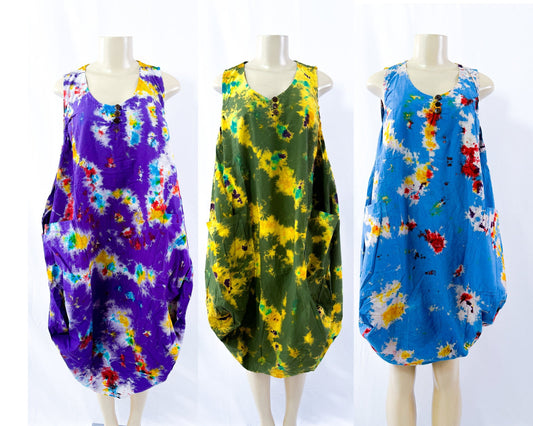 Big baggy tie-dye mini square dress, plus size, eco-friendly, one piece, big pockets