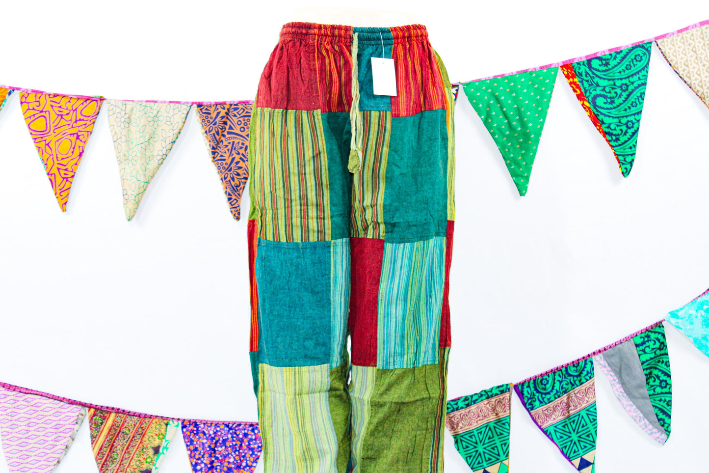 Multicolored Striped Patchwork Boho Harem Cotton Pants, Multicoloured